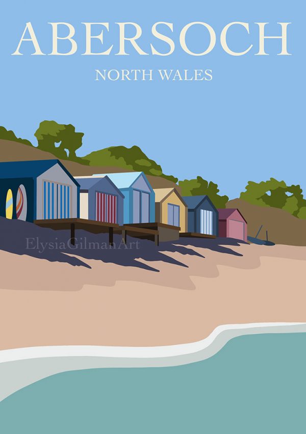 Artwork of the beach huts in Abersoch