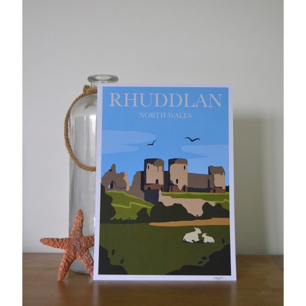 An A4 art print of Rhuddlan castle with some lambs in the foreground
