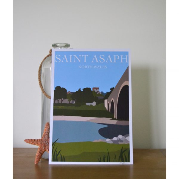 Art print of St Asaph, North Wales depicting the bridge and cathedral