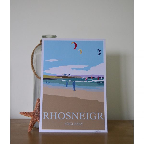 This is an art print of Rhosneigr's broad beach, North Wales where the windsurfers and dog walkers can be seen