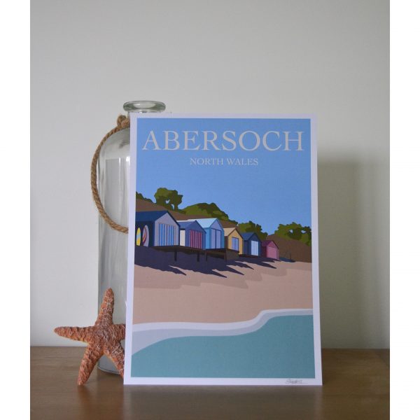 An art print of the colourful beach huts in Abersoch