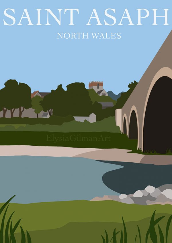 Artwork of St Asaph bridge and cathedral