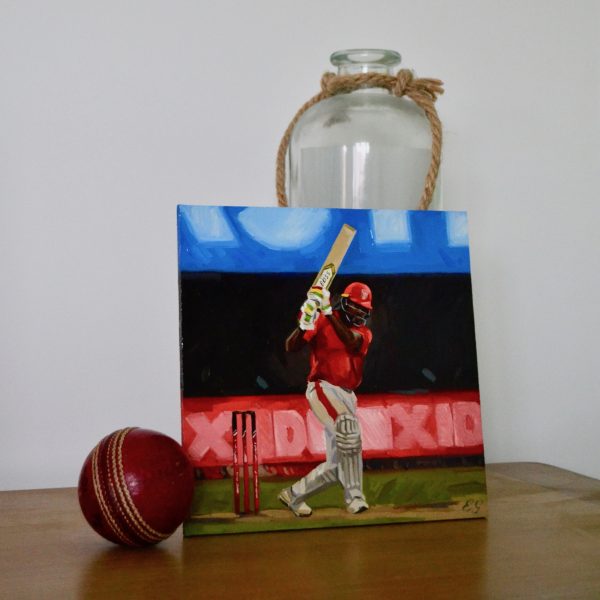An oil painter of famous cricketer Chris Gayle playing in the IPL 2020